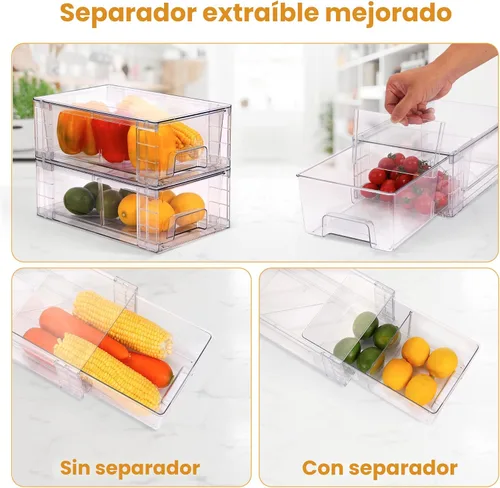 Miniatura 6 de Paquete de 2 cajones de almacenamiento apilables, organizadores de plástico, cajones de almacenamiento con asas y divisores móviles