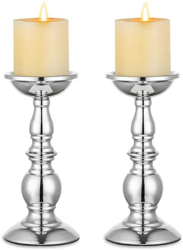 Miniatura 12 de Nuptio Portavelas negro para velas de pilar - Juego de 2 portavelas rústicos Soporte de velas de metal alto Portavelas de pilar retro de otoño