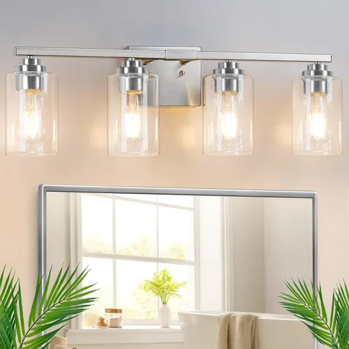 Miniatura 36 de Lámparas de baño de 3 luces, 19 pulgadas, modernas luces de tocador sobre espejo con pantallas de vidrio transparente, accesorio de luz marrón
