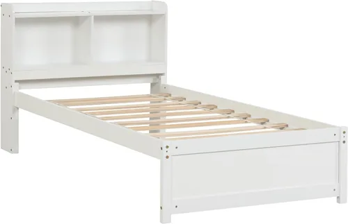 Miniatura 3 de Base de cama de tamaño individual con nido, cama de plataforma para dormitorio, marco de cama nido con cabecera de estantería para niños, niñas