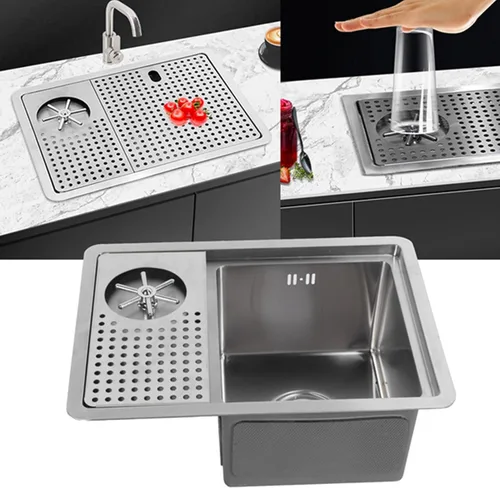 Miniatura 3 de FLEXMAN Enjuagadora de vidrio, 20.1 x 14.6 x 7.9 pulgadas de acero inoxidable, juego de máquina comercial de limpieza de vidrio con escurridor