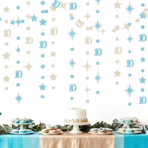 Miniatura 10 de Decoraciones negras de cumpleaños número 10, guirnalda de estrellas centelleantes con diseño de círculos, telón de fondo metálico para niñas, niños