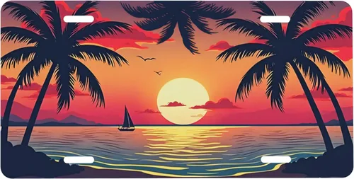 Placa de matrícula delantera con palmeras al atardecer, placas de tocador de aluminio, etiqueta decorativa para auto de metal, flores arcoíris,