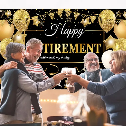 Miniatura 4 de GEMLORD Decoraciones de fiesta de jubilación con texto en inglés «Happy Retirement» de tela grande, telón de fondo negro y dorado con cuerda