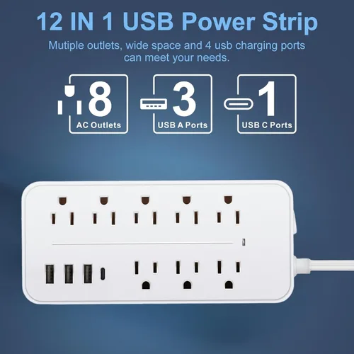 Miniatura 2 de Protección contra sobretensiones de 5 pies con cable plano de extensión, regleta de alimentación con enchufe plano listada por ETL, 8 tomas de CA, 4
