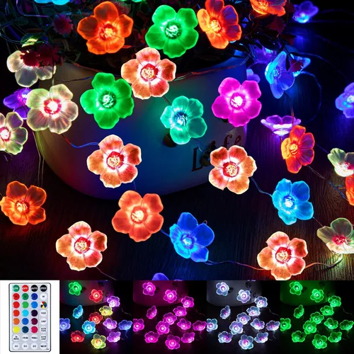 Mudder Guirnalda de luces de flores de cerezo de 16 colores, guirnalda de luces rosa con temporizador de 13 pies, 40 luces LED USB funciona con