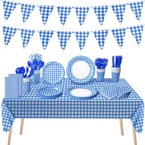 Miniatura 7 de Buryeah 205 piezas de suministros de fiesta azul y blanco para 25 invitados, mantel a cuadros a cuadros, banderines de papel, platos, servilletas