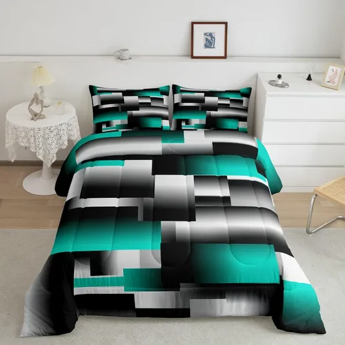 Miniatura 33 de jejeloiu Juego de edredón abstracto verde, gris y negro, tamaño individual, juego de ropa de cama de arte geométrico moderno, edredón rectangular