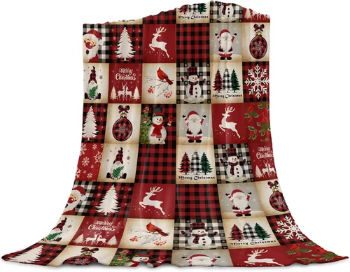 Manta de franela a cuadros rojos de Navidad súper suave, mantas de forro polar de reno, Santa, muñeco de nieve, árbol de Navidad, manta afelpada,