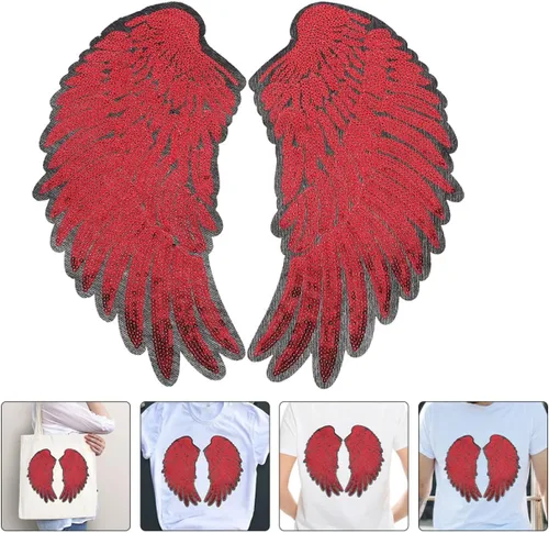 Miniatura 8 de 2pcs Angel Wing Sequin Embroidered Applique Patch Crimson Medium Size for Garment Sewing, DIY Clothing Decoration, Iron-on Fabric Patch for Jackets