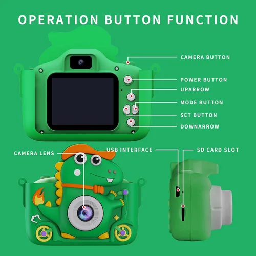 Miniatura 6 de Cámara para niños, con pantalla LCD de 2.0 pulgadas, tarjeta de memoria de 32 GB, cámara de juguete de dinosaurio para niños y niñas