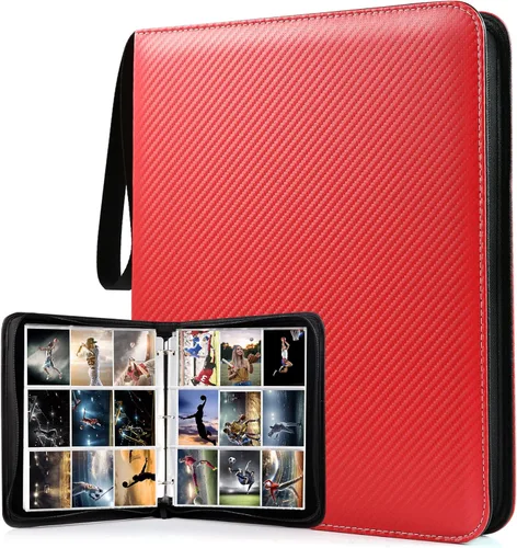 WOT I Carpeta para Tarjetas Coleccionables, 900 Bolsillos Fundas para Carpeta de Tarjetas de Béisbol con Cremallera, Bolsillos de Doble Cara Rojo