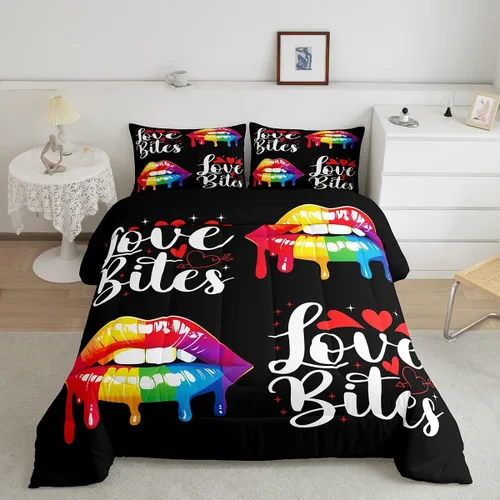 Manfei Juego de edredón de labios arcoíris, tamaño individual, colorido juego de ropa de cama sexy de 2 piezas para niños, niñas, adolescentes,