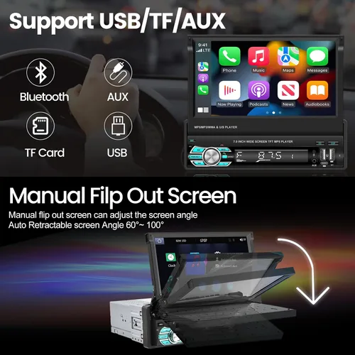 Miniatura 6 de Radio de coche de un solo DIN con Bluetooth, Carplay inalámbrico y Android Auto, pantalla abatible de 7 pulgadas, soporte estéreo retráctil
