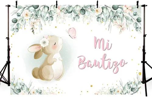 Miniatura 2 de MEHOFOND Telón de fondo de bautismo Mi Bautizo de 7 x 5 pies, Dios bendiga la primera comunión, conejito de bautizo, acuarela, rosa, floral, recién