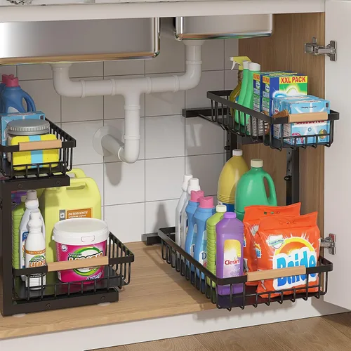 ADRIMER Organizador para debajo del fregadero, 2 paquetes, organizador extraíble para fregadero de cocina, 2 niveles, organizador de cocina