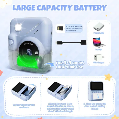 Miniatura 7 de Cámara para niños, impresión instantánea, pantalla de 3.0 pulgadas, cámara instantánea de foto de 48 MP para niños con tarjeta de 32 GB, juguete