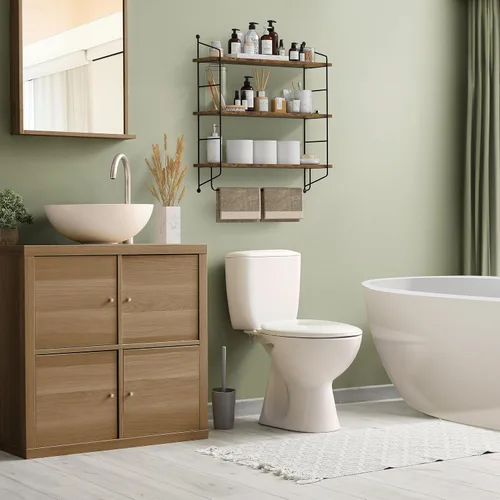 Miniatura 2 de Sorbus Estantes flotantes de baño de 3 niveles para pared, almacenamiento de pared de madera para toallas, armario de almacenamiento sobre el Marrón