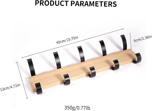 Miniatura 5 de Perchero de madera maciza para colgar en la pared, colgador de entrada, perchero de madera de metal con 5 ganchos de aluminio negro para bufanda