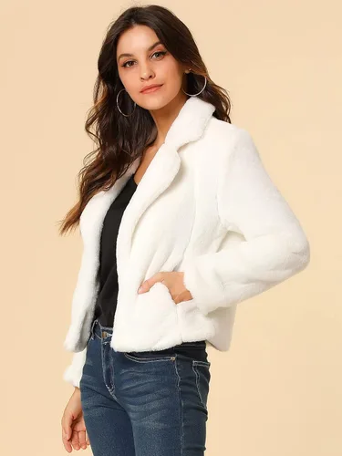 Miniatura 4 de Allegra K Chaqueta corta de piel sintética para mujer, cárdigan con solapa, abrigo de piel sintética esponjosa para invierno 2023