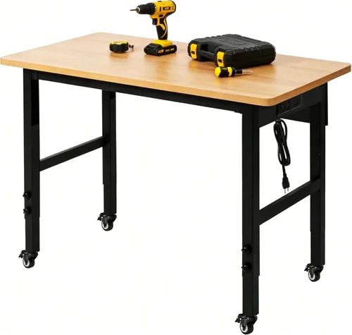 Miniatura 10 de Banco de trabajo ajustable de 48 pulgadas con ruedas, mesa de trabajo rodante para garaje, banco de trabajo de madera dura de capacidad de 2000