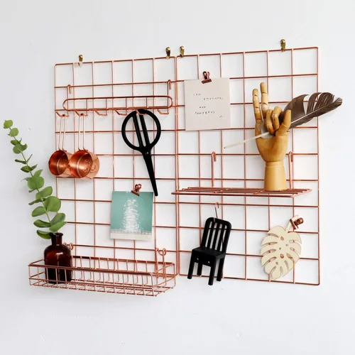 Miniatura 8 de Panel de rejilla de pared para exhibición de fotos, organizador de almacenamiento de pared, 5 clips de metal, 3 ganchos en S, 4 clavos, 4 hebillas
