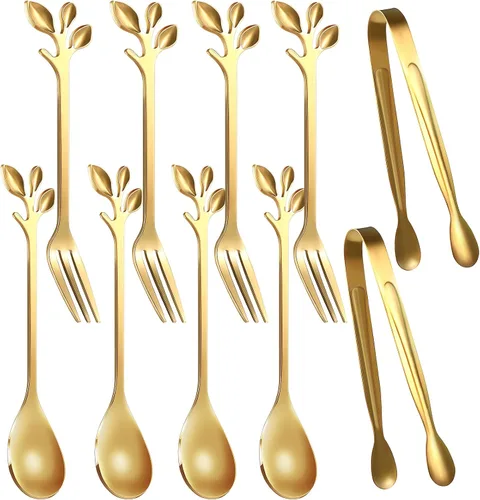 Sieral 10 cucharas de café de hojas, mini pinzas para servir y tenedores de aperitivo, pinzas de acero inoxidable, cucharas de postre, tenedores de