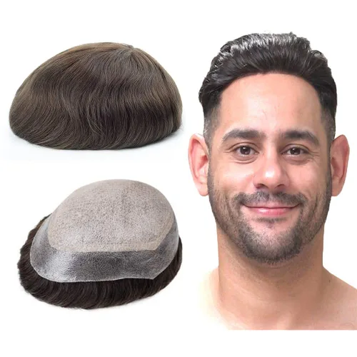 Miniatura 8 de Lordhair Sistema de cabello para hombres inyectado de piel fina cabello humano unido con encaje de diamante, 8 x 10 pulgadas, tamaño base, tupé #1A