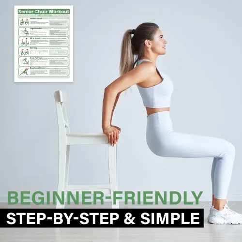 Miniatura 4 de Póster de Entrenamiento en Silla para Ejercicios de Personas Mayores, Tabla de Estiramiento y Ejercicios Suaves en Asiento de 30 Días
