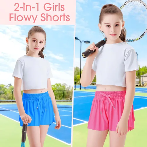 Miniatura 2 de QooNoo Girls Butterfly Shorts with Pocket Flowy Athletic Shorts High Waist Preppy Running Shorts for Kids Teen