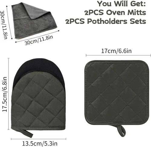 Miniatura 2 de Juego de 5 manoplas de cocina, juego de 5 manoplas de horno, juego de almohadillas y toallas, mini guantes de cocina de silicona resistentes al Gris