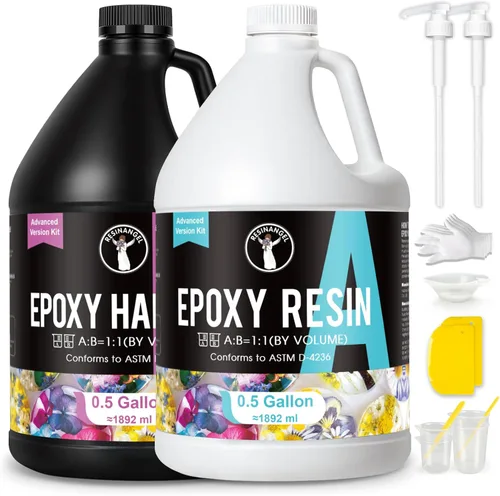 ResinAngel Kit de resina epoxi de 1 galón con bomba, mezcla 1:1 transparente, autonivelante, sin amarillamiento para mesas de río, encimera,