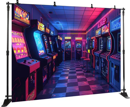 Miniatura 4 de Telón de fondo retro para fotografía, videojuego retro para niños, sala de juegos, fondo de los años 80 y 90, decoración de fiesta de cumpleaños