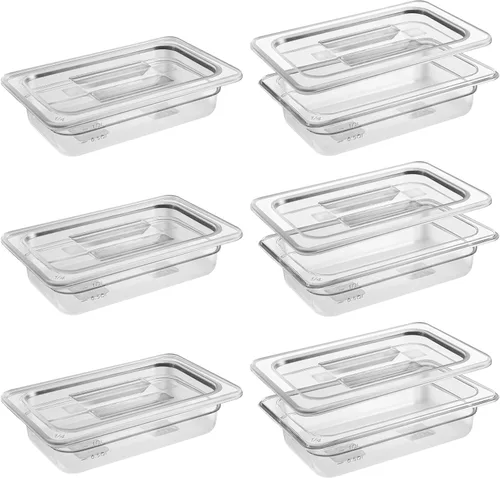 Miniatura 17 de Paquete de 6 sartenes transparentes de 1/3 de 4 pulgadas con tapas, recipientes de almacenamiento de alimentos transparentes de policarbonato 34/36