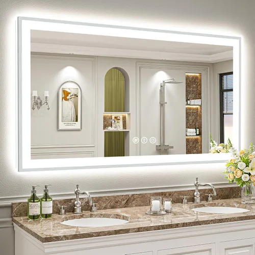 Miniatura 62 de 24x30 Espejo de baño LED con marco negro con luces, retroiluminado + iluminación frontal, espejo de tocador iluminado antivaho para pared de baño