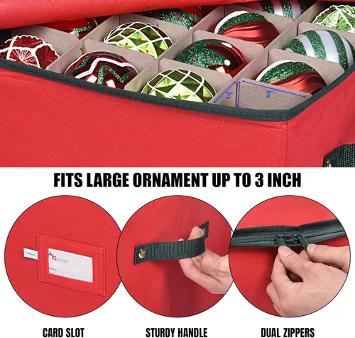 Miniatura 5 de Caja de almacenamiento para adornos navideños, 4 capas, se adapta a 64 bolas de ornamentos, fabricada con material Oxford 600D duradero Rojo