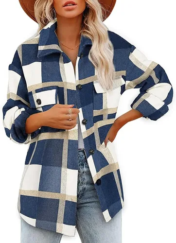 Chaqueta de franela a cuadros para mujer, manga larga, mezcla de lana, chaquetas de otoño con botones en el pecho, bolsillos en el pecho, trajes de