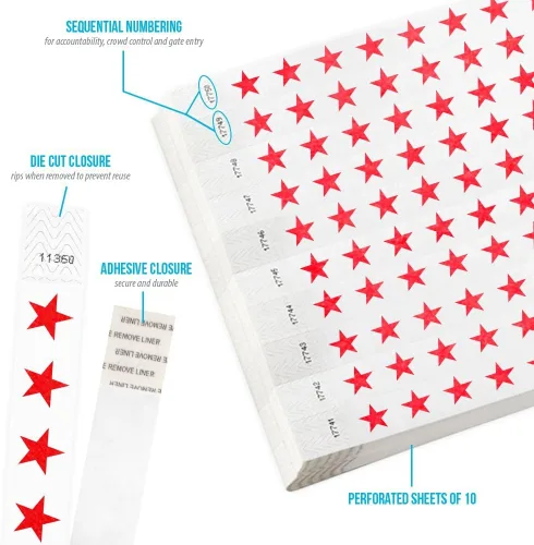 Miniatura 2 de 500 pulseras Tyvek de estrellas rojas de Wristco para eventos, cómodas pulseras de papel resistentes a desgarros, pulseras de identificación