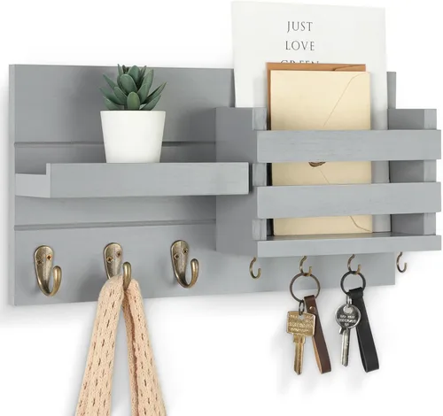 Miniatura 8 de Lwenki - Organizador de montaje en la pared negro, llavero + estante, portacartas y ganchos para abrigos y correas de perro, madera rústica