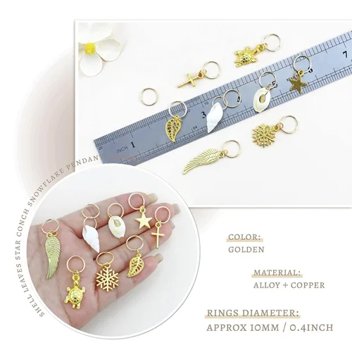 Miniatura 3 de JIALEEY 50 anillos para trenzar el cabello, 50 piezas de pinzas para el cabello, anillo dorado, concha, hojas, estrella, caracola, copo de nieve