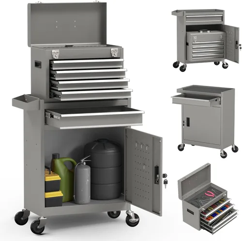 Miniatura 11 de Caja de herramientas rodante de alta capacidad de 5 cajones, caja de herramientas de almacenamiento extraíble con ruedas y cajones, caja