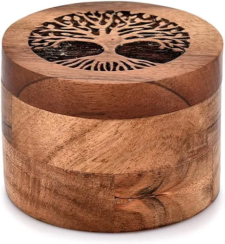 EDHAS Caja de madera de acacia para especias con tapa para cocina, encimera, caja de almacenamiento redonda para especias (3.5 x 3.5 x 2.5 pulgadas)
