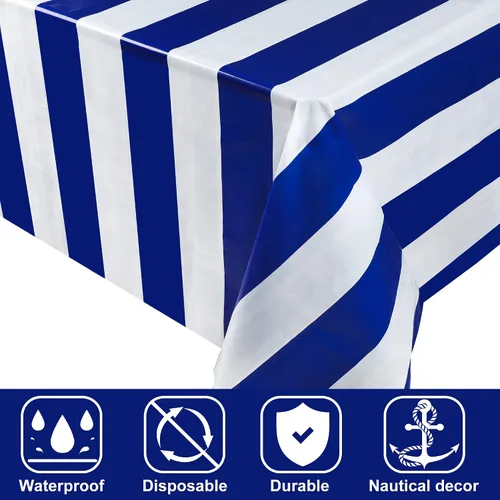 Miniatura 3 de peony man Mantel rectangular desechable de plástico azul náutico, 4 piezas, a rayas, azul náutico, para fiestas, cocina, comedor, decoración de mesa