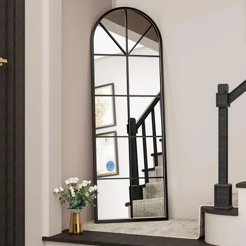 Miniatura 2 de OGCAU Espejo de Piso Arqueado de Cuerpo Entero, 65"x22" Diseño de Panel de Ventana, Decorativo para Colgar o Apoyar, Cuerpo Completo con Marco