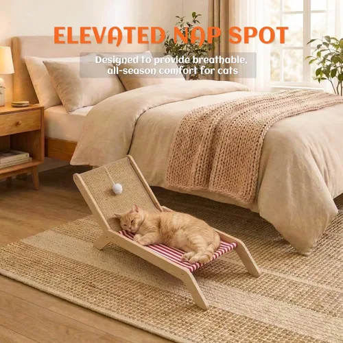 Miniatura 5 de PETKARAY Silla de playa para gatos, camas elevadas para gatos de interior, tumbona acogedora original con rascador de sisal y pelota de juguete Rojo
