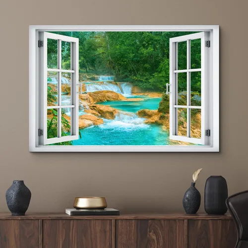 Miniatura 2 de wall26 - Cuadro en lienzo para pared, vista de ventana, río neón turquesa, rápido, bosque, lago, arroyo, naturaleza salvaje, fotografía, realismo