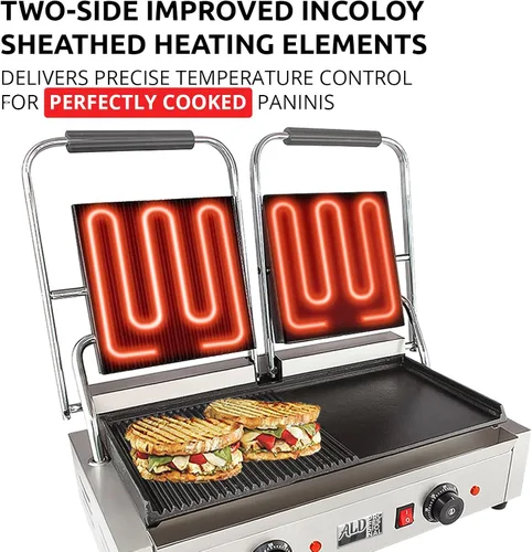 Miniatura 3 de ALDKitchen Prensa Panini doble Sandwichera semicanal y semicapa Placas de hierro fundido Revestimiento antiadherente 110 V