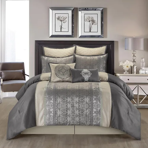Grand Avenue - Juego de edredón de damasco de patchwork plateado/marfil, 8 piezas, funda de almohada de jacquard, falda de cama, almohada