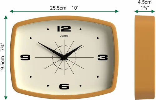 Miniatura 4 de JONES CLOCKS® Reloj de pared de película Reloj retro rectangular 10 pulgadas Amarillo mostaza Aspecto de diseñador fresco de mediados