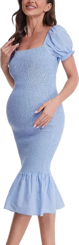 Vestido de maternidad de verano a media pierna, manga corta abombada, cuello cuadrado, dobladillo con volantes, vestido de sirena para baby shower